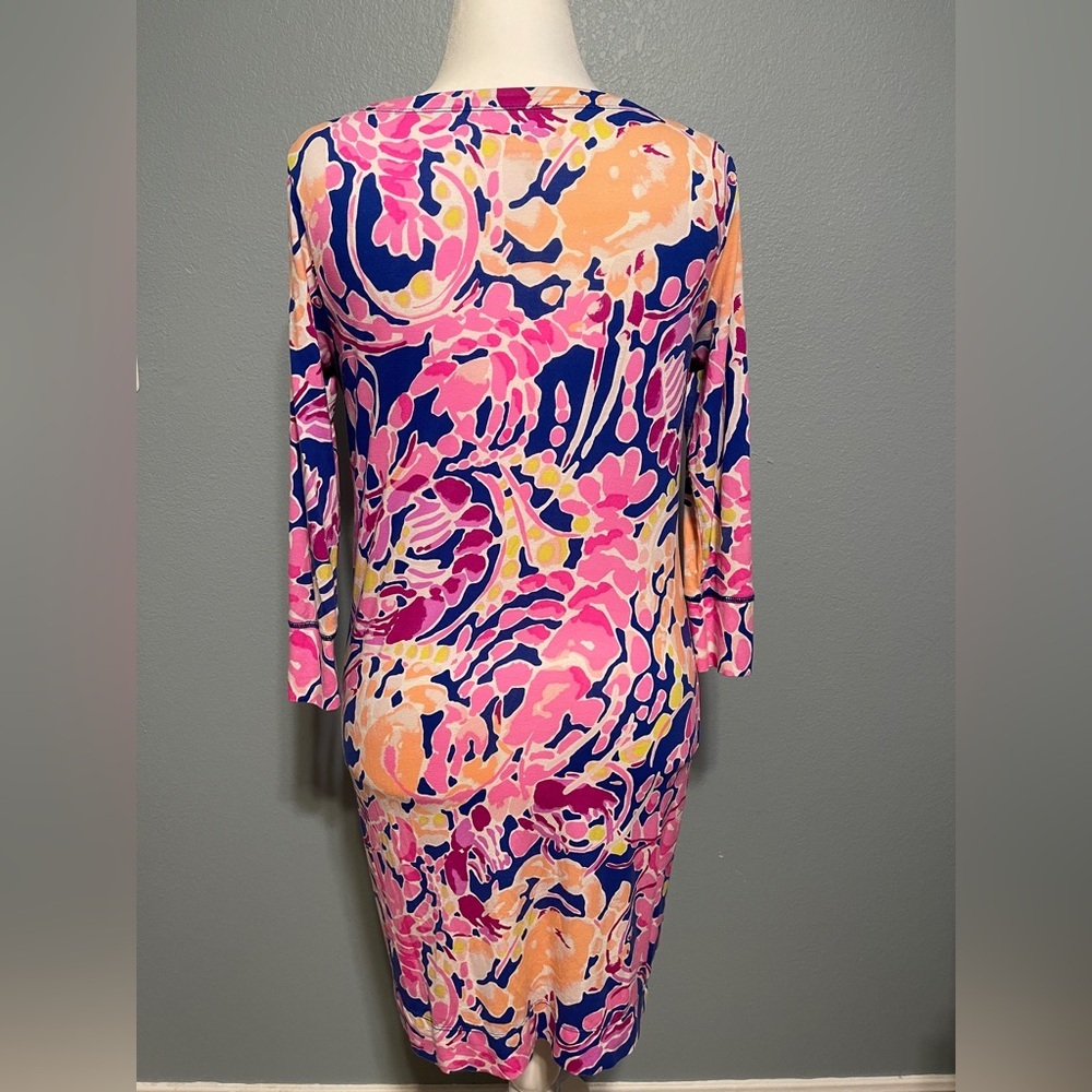 Lilly Pulitzer Pink Blue Printed Sheath Dress Long Sleeve Stretch Preppy Medium - Picture 4 of 11
